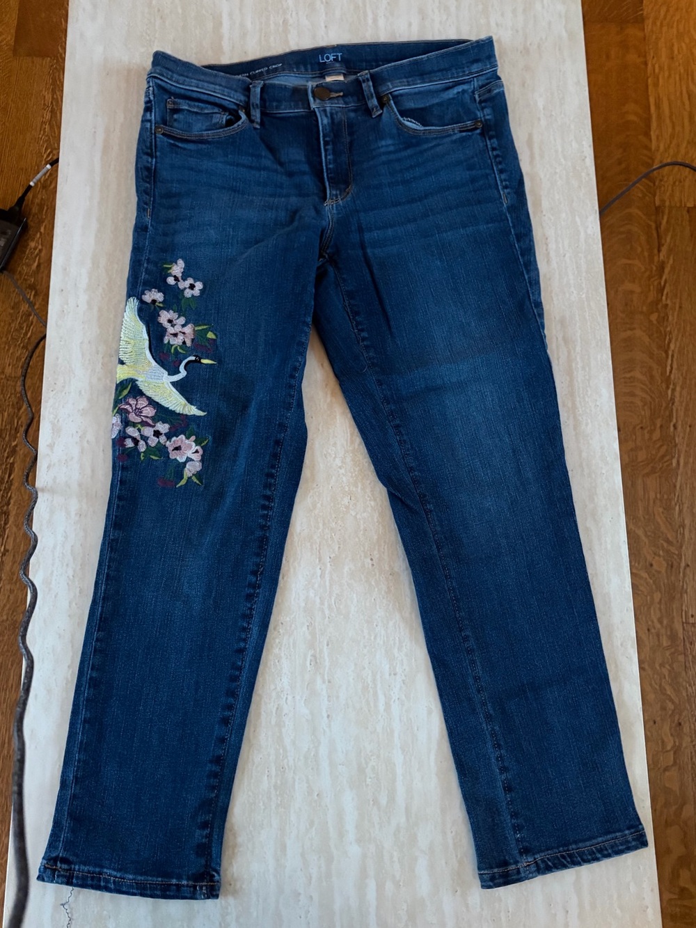 LOFT Dark Blue Jeans with Embroidered Crane and Blossoms